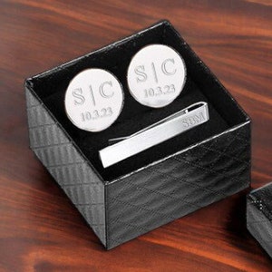 Personalized CUFFLINKS & TIE CLIP Box Set Cuff Links Groom Groomsmen Gift for Him Dad Men Father Bride Groomsman Birthday Custom Engraved