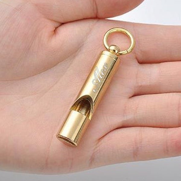 Personalized BRASS WHISTLE Keychain Camping Hiking Survival Outdoors Sports Groomsmen Gifts for Dad Him Men Boyfriend Gifts for Her Mom