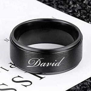 Personalized MENS RING Tungsten Black Rings Jewelry Groomsmen Gift for Him Dad Men Wedding Minimalist 8mm Birthday Boyfriend Custom Engraved