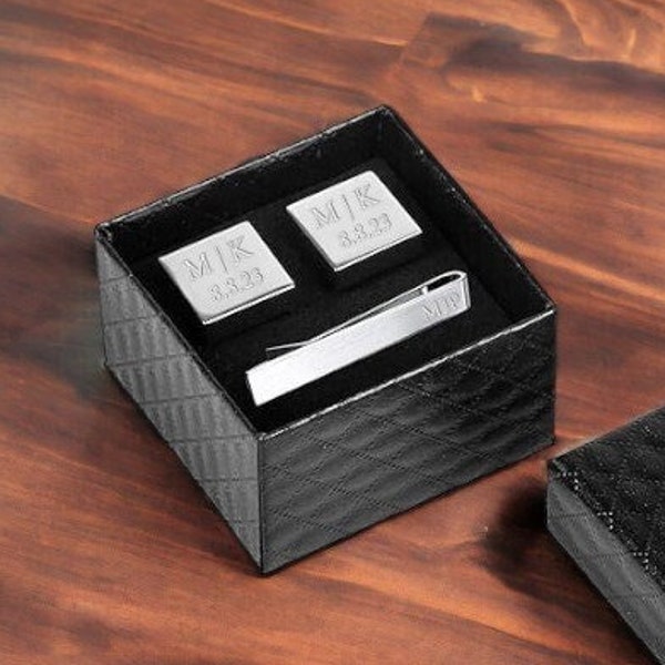 Personalized CUFFLINKS & TIE CLIP Box Set Cuff Links Groom Custom Engraved Groomsmen Gifts for Boyfriend Him Men Dad Men Groomsmen