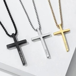Personalized CROSS NECKLACE for Men Women Pendant Gold Silver Black Boys Catholic Christian Gift for Him Her Baptism Unique Custom Engraved