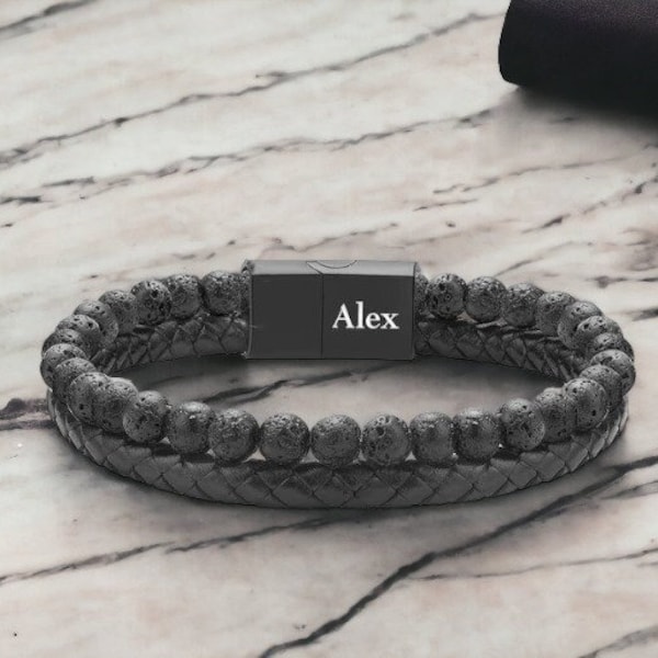 Personalized MENS BRACELET Lava Rock Beaded Message Jewelry Custom Engraved Bracelets Groomsmen Gifts for Him Dad Men Boyfriend Women Gift