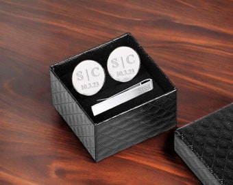 Personalized CUFFLINKS & TIE CLIP Box Set Cuff Links Groom Custom Engraved Groomsmen Gifts for Boyfriend Him Men Dad Men Groomsmen