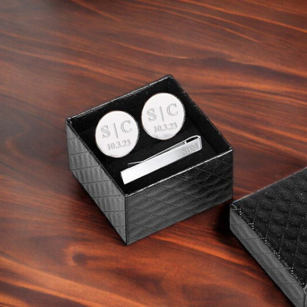 Personalized CUFFLINKS & TIE CLIP Box Set Cuff Links Groom Custom Engraved Groomsmen Gifts for Boyfriend Him Men Dad Men Groomsmen