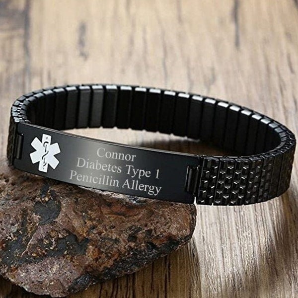 Personalisiertes Armband mit medizinischem Ausweis, individuell gravierter Alarmschmuck, Notfallkontakt, Trauzeugengeschenke für Papa, ihn, Männer, Geburtstagsgeschenke für ihre Mutter