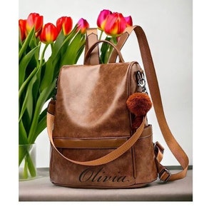 Personalized LEATHER WOMENS BACKPACK Handbag Hand Bag Purse Shoulder Bag Satchel Custom Engraved Bridesmaid Gift for Her Women Minimalist