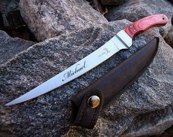 Coltello da filetto personalizzato con fodero, regalo di compleanno per amanti della pesca, per lui, papà, uomini, fidanzato, nonno, caccia, campeggio, incisione personalizzata.