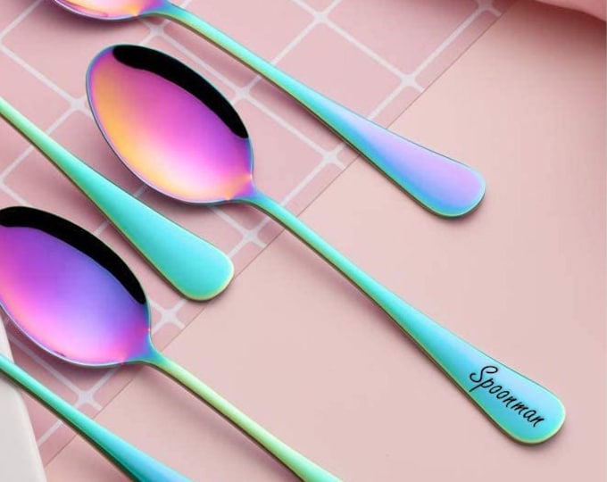 Personalized SPOON Custom Engraved Spoons Rainbow Spectrum Dinnerware Utensil Wedding Bridesmaid Gifts for Her Women Mom Bridal Kitchen Chef
