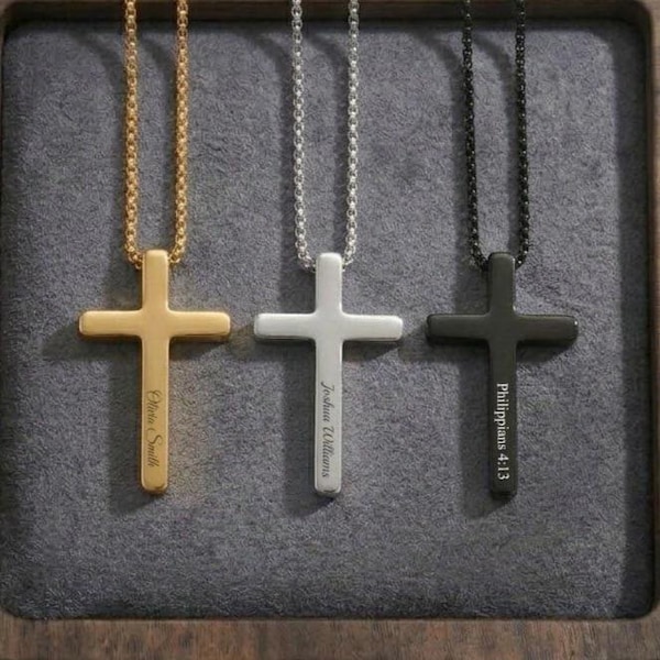 Personalized CROSS NECKLACE Pendant Men Women Baptism Christian Catholic Confirmation Birthday Gift for Him Her Mom Dad Custom Engraved