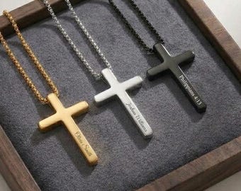 Personalized CROSS NECKLACE Men Women Custom Engraved Pendant Christian Catholic Confirmation Birthday Gift for Him Her Mom Dad Fathers Day