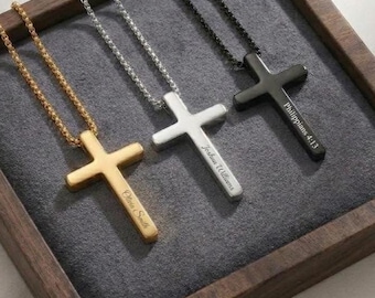 Personalized CROSS NECKLACE Pendant Men Women Baptism Christian Catholic Confirmation Birthday Gift for Him Her Mom Dad Custom Engraved