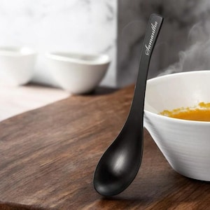 Personalized SOUP SPOON Dinnerware Utensil Wedding Home Gift for Mom Women Kitchen Her Mom Kids Children BLACK (Single) Custom Engraved