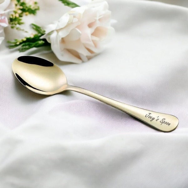 Personalized SPOON GOLD Custom Engraved Spoons Dinnerware Utensil Wedding Birthday Gifts for Her Girlfriend Mom Kitchen Cutlery (Single)