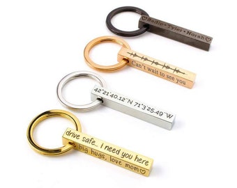 Personalized Horizontal Bar Keychain Rose Pink Key Chain 14K Sterling Groomsmen Birthday Gift for Her Mom Jewelry Charm Grandma