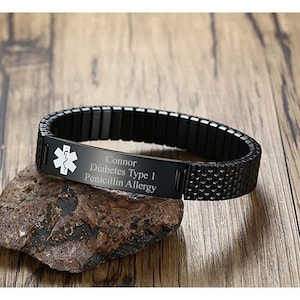 Personalized MEDICAL ID BRACELET Alert Jewelry Parents Birthday Gift for Mom Women Emergency Contact Boyfriend Custom Engraved Engraved Black