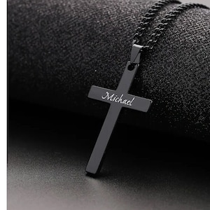Personalized CROSS NECKLACE for Men Women Pendant Gold Silver Black Boys Catholic Christian Gift for Him Her Baptism Unique Custom Engraved