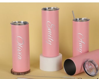Gobelet SKINNY personnalisé avec paille gravée personnalisée bouteille d'eau tasse tasse cadeaux de demoiselle d'honneur pour sa maman femmes enterrement de vie de jeune fille bleu rose blanc
