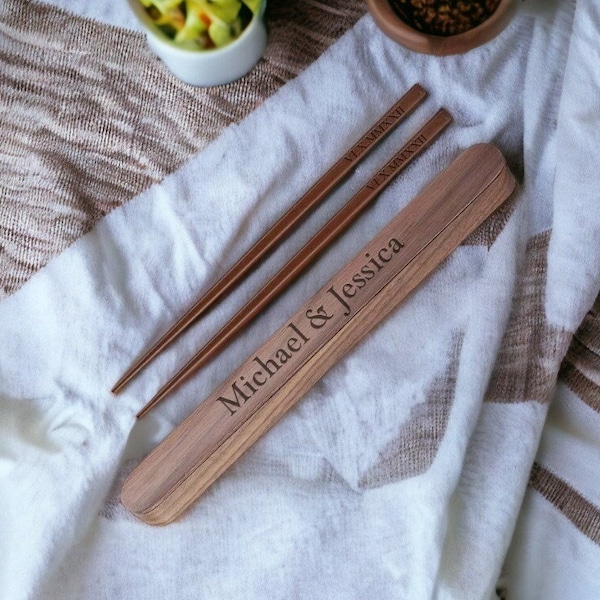 Personalized WOOD CHOPSTICKS & CASE Chop Sticks Custom Engraved Wedding Bridesmaid Gifts for Her Women Mom Him Men Dad Home Cooking Kitchen