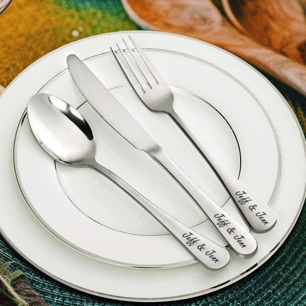 Personalized UTENSIL SET Fork Spoon Knife Custom Engraved Wedding Favors Bridesmaid Birthday for Her Mom Women Kitchen Cooking Bride