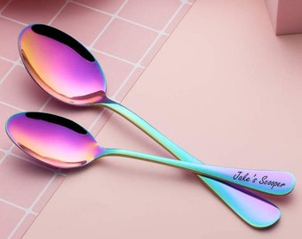 Personalized SPOON Custom Engraved Rainbow Spectrum Oil Slick Utensil Wedding Gifts for Her Mom Women Kitchen Cooking Home Housewarming Kid