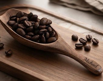 Personalized Walnut Coffee Scoop Custom Engraved Measuring Spoon Tea Sugar Coffee Lovers Rustic Kitchen Gift for Him Her Men Women Mom Dad