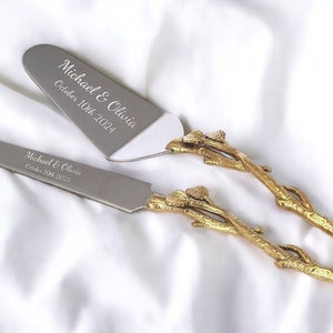 Personalized Wedding CAKE CUTTING SET Gold Leaf Floral Server Cutter Knife Rustic Vintage Minimalist Bridal Gift Birthday Custom Engraved