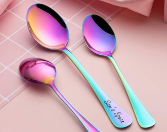 Personalized SPOON Rainbow Spectrum Oil Slick Custom Engraved Birthday Gifts for Her Mom Women Gifts Child Kid Dinnerware Utensil Wedding