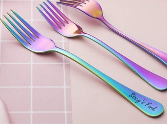 Personalized FORK Rainbow Spectrum Oil Slick Dinnerware Utensil Wedding Gifts for Her Mom Kitchen Cutlery Custom Engraved (Single)