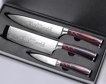 Personalized CHEF KNIVE SET Knife Custom Engraved Kitchen Cooking Home Housewarming Gifts for Him Dad Boyfriend Mom Her Women Mothers Day