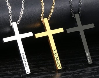 Personalized CROSS NECKLACE Men Mens Custom Engraved Silver Gold Boys Women Jewelry Pendant Necklaces Baptism Christian Bible Verse Gifts