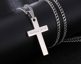 Personalized CROSS NECKLACE Men Mens Custom Engraved Silver Gold Boys Women Jewelry Pendant Necklaces Baptism Christian Bible Verse Gifts