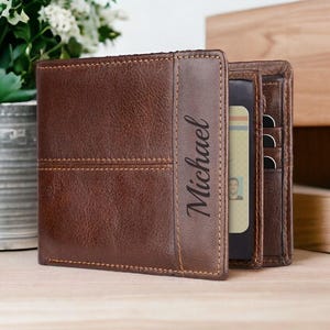 Personalized LEATHER WALLET Custom Engraved Groomsmen Fathers Day Gift for Dad Him Grandpa Men Son Bifold Bi-Fold Brown Anniversary Birthday