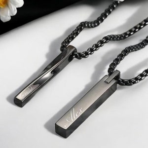 Personalized CUBE BAR NECKLACE Men Women Black Silver Custom Engraved Name Couples Jewelry Birthday Fathers Day Gift for Dad Him Grandpa