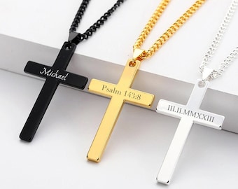 Personalized CROSS NECKLACE Men Women Boys Girls Custom Engraved Silver Gold Unique Jewelry Pendant Baptism Catholic Christian Mothers Day