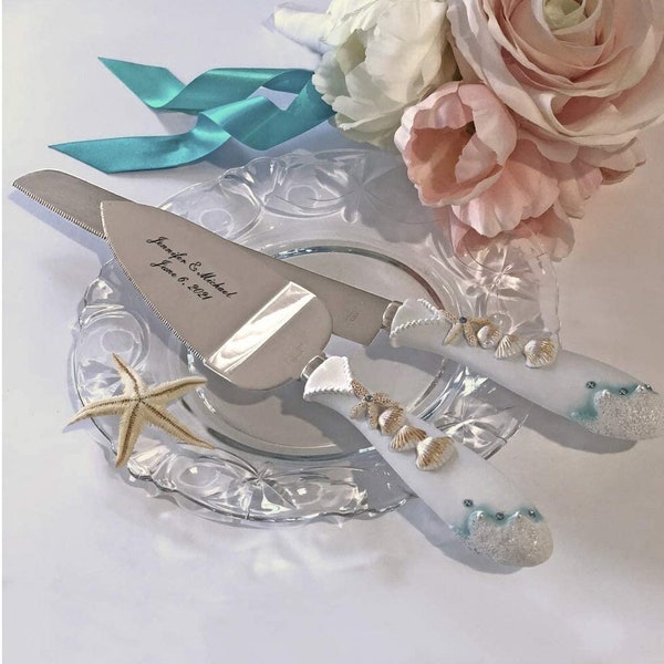 Personalized Wedding CAKE CUTTING SET Seashell Ocean Beach Sea Serving Cutter Knife Server Knive Custom Engraved Gifts Shell Boho Rustic