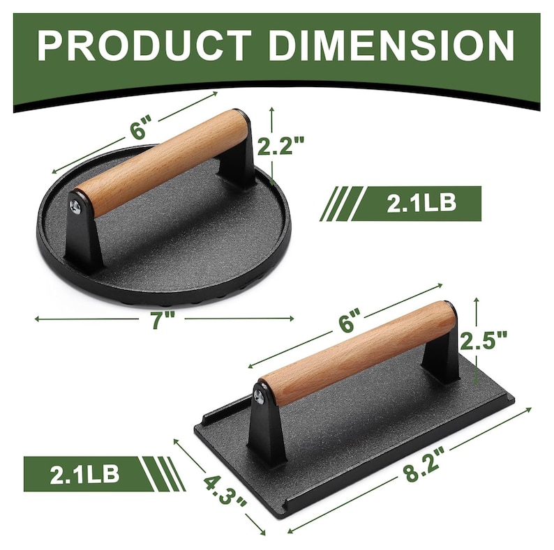 May include: Two black cast iron grill presses with wooden handles. One is round, 7 inches in diameter, and the other is rectangular, 8.2 inches long. Both weigh 2.1 pounds and have wooden handles.