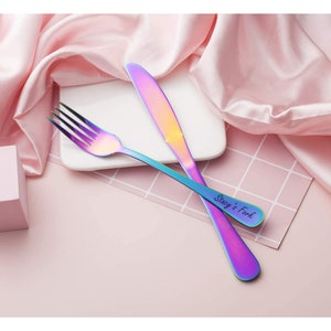 Personalized Rainbow Spectrum Oil Slick FORK Dinnerware Utensil Wedding Gifts for Her Mom Kitchen Cutlery Stainless Engraved