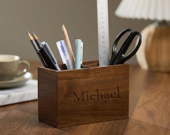 Personalized Walnut Desk Organizer Custom Engraved Wooden Pen Holder | Gift for Her Him Men Women Mom Dad Teacher Graduation Makeup Brush