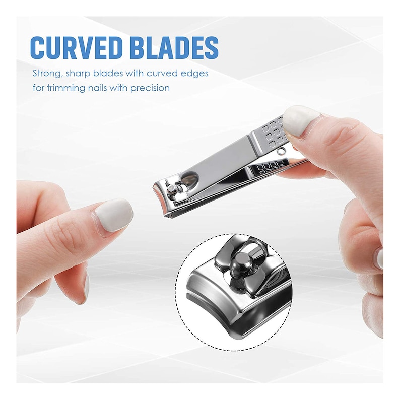 May include: Silver nail clippers with curved blades for trimming nails. The blades are shown in a close-up view.
