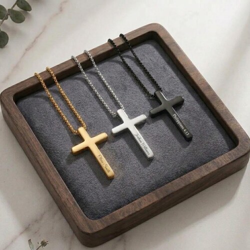 Personalized CROSS NECKLACE Men Women Custom Engraved Pendant Christian Catholic Confirmation Birthday Gift for Him Her Mom Dad Fathers Day