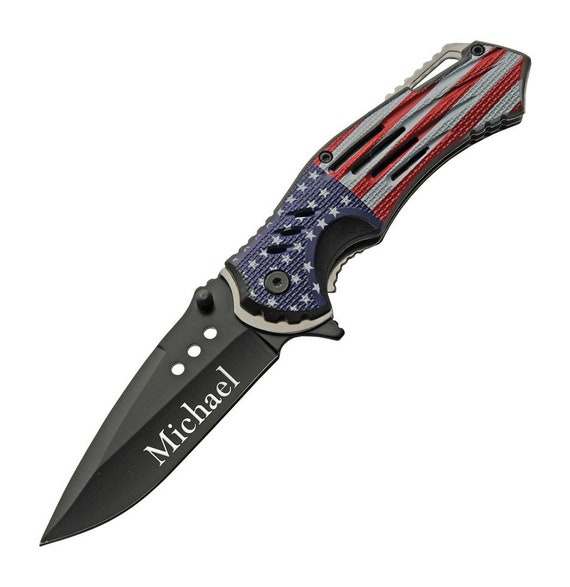Personalized POCKET KNIFE for Men with Clip Knives Custom Engraved American Flag Groomsmen Gift for Dad Him Grandpa Veteran Army Fishing