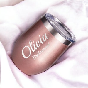 Personalized WINE TUMBLER Flutes Glasses Bridesmaid Gift for Mom Women Her Bride Bridal Shower Wedding Rose Gold Pink 12 oz Custom Engraved