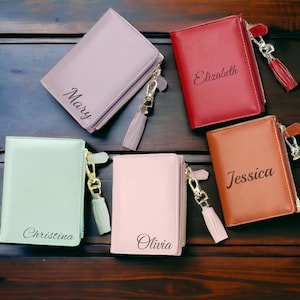Personalized LEATHER WOMENS WALLET for Women Custom Engraved Bridesmaid Gift for Her Women Mom Bachelorette Wedding Clutch Purse Minimalist
