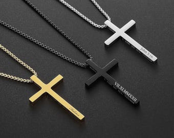 Personalized CROSS NECKLACE Pendant Men Women Baptism Christian Catholic Confirmation Birthday Gift for Him Her Mom Dad Custom Engraved