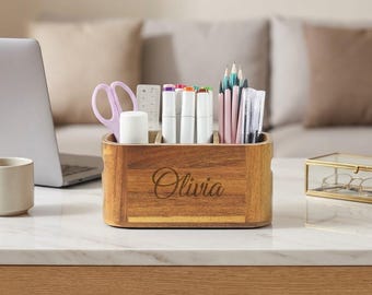 Personalized Acacia Wood Pencil Holder Custom Engraved Desk Organizer Vanity Caddy Wedding Birthday Gift for Her Women Mom Him Men Boyfriend