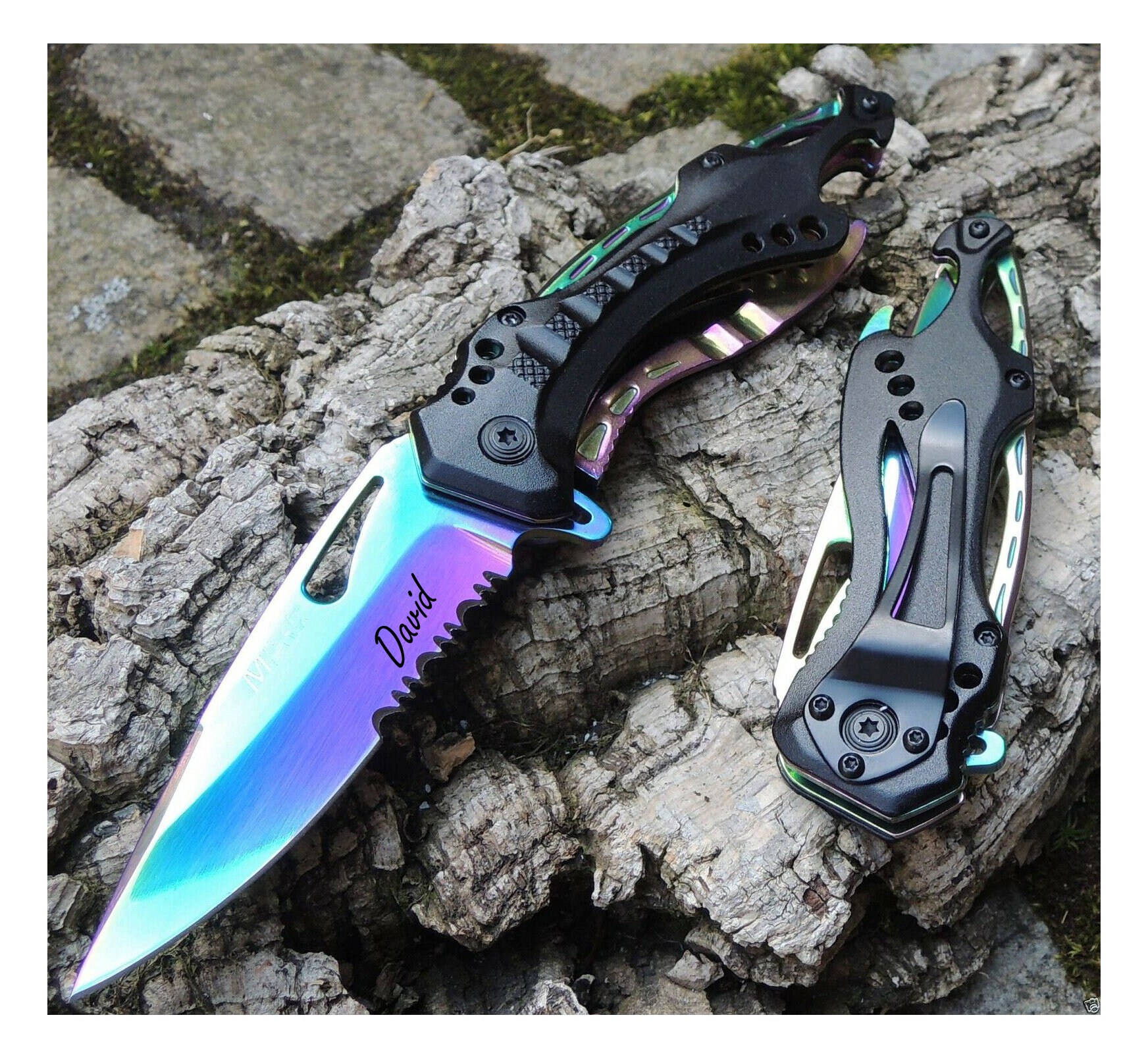 Rainbow Oil Slick Frame Lock Skulls Thumb Stud Pocket Knife Tip Up Carry