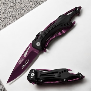 Personalized PURPLE POCKET KNIFE for with Clip Multitool Tool Groomsmen Gift for Him Dad Men Her Mom Women Fishing Birthday Custom Engraved