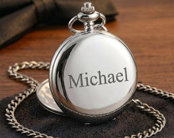 Personalized POCKET WATCH & CHAIN Groomsmen Birthday Gift for Him Dad Men Boyfriend Son Wedding Anniversary Fathers Day Custom Engraved