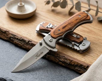 Personalized POCKET KNIFE Wood Anniversary Wedding Groomsmen Birthday Gift for Him Dad Men Boyfriend Custom Engraved Engraved
