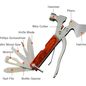 Personalized MULTITOOL AXE & SHEATH Hammer Knive Tools Groomsmen Gift for Him Dad Men Screwdriver Bottle Opener 15 in 1 Custom Engraved